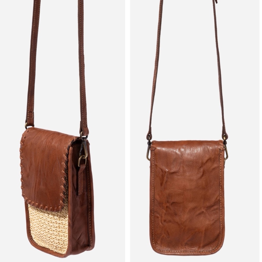 JOHNNY WAS COGNAC ITALIAN RAFFIA MICRO CROSSBODY NWT - Picture 3 of 10